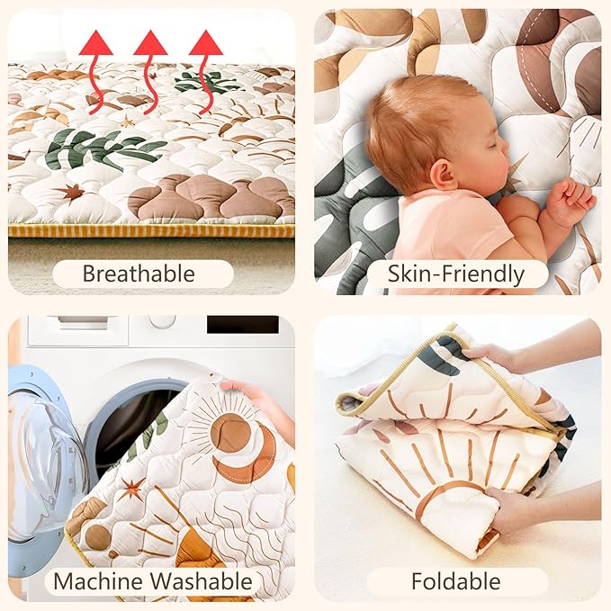 Baby Play Mats for Floor, 71”x59” Upgraded Thickness & Larger Super Soft Playmat for Babies and Toddlers, Foldable Washable, Upgrade Anti-Slip Crawling Mat for Playpen(Boho Nature)