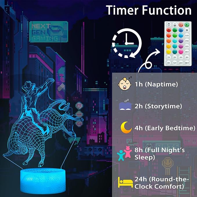 16 Color Bull Rider Night Light, Rodeo Gifts for Boy, Matador 3D Night Light with Remote Control, RGB Flashing Mode and Dimmable, Gifts for Boys Christmas Decor