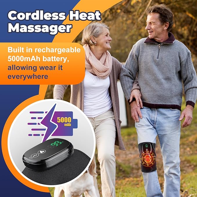 Cordless Electric Heated Knee Massager, 3-in-1 Heated Knee Massager with Heat for Knee Elbow Shoulder Wrap with 3 Vibration & Heating Modes
