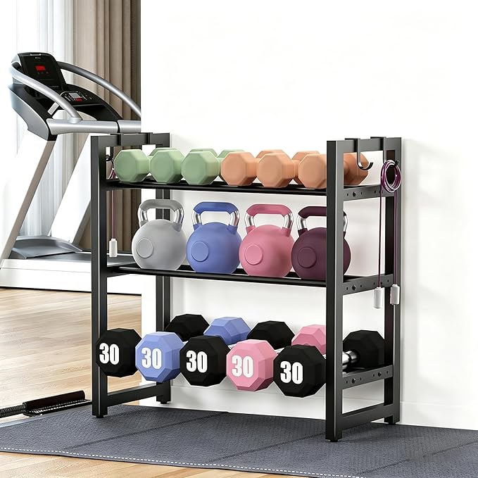 3 Tier Compact Weight Rack for Dumbbells, Adjustable Weight Storage Racks with Side Hooks, Space-Saving Home Gym Rack for Dumbbells Kettlebells & Fitness Accessories, Small Dumbbell Rack 𝐆𝐢𝐟𝐭𝐬 𝐟𝐨𝐫 𝐌𝐨𝐭𝐡𝐞𝐫‘𝐬 𝐃𝐚𝐲