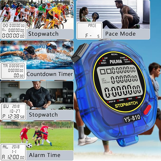 Stopwatch Timer 10 Splits/Laps Digital Stop Watch for Sports, Countdown Alarm Clock Date Memory Recall Large Display, Stopwatch for Coaches PE-Teacher Referee (Blue, 10 Splits/laps)