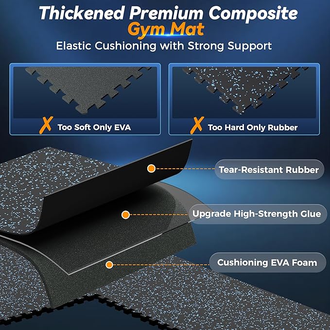 SUPERJARE 1" Extra-Thick Rubber Top Exercise Mat, Puzzle Gym Flooring for Home Gym, Gym Mat for Workout Equipment, Interlocking Floor Tiles with EVA Foam, 36 Pcs 144 Sq Ft, Black/Blue