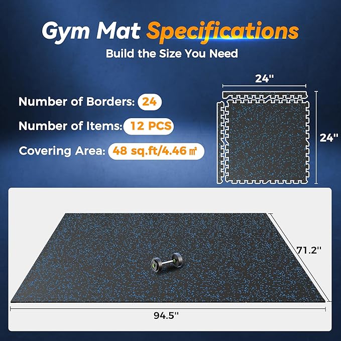 SUPERJARE 1" Extra-Thick Rubber Top Exercise Mat, Puzzle Gym Flooring for Home Gym, Gym Mat for Workout Equipment, Interlocking Floor Tiles with EVA Foam, 12 Pcs 48 Sq Ft, Black/Blue