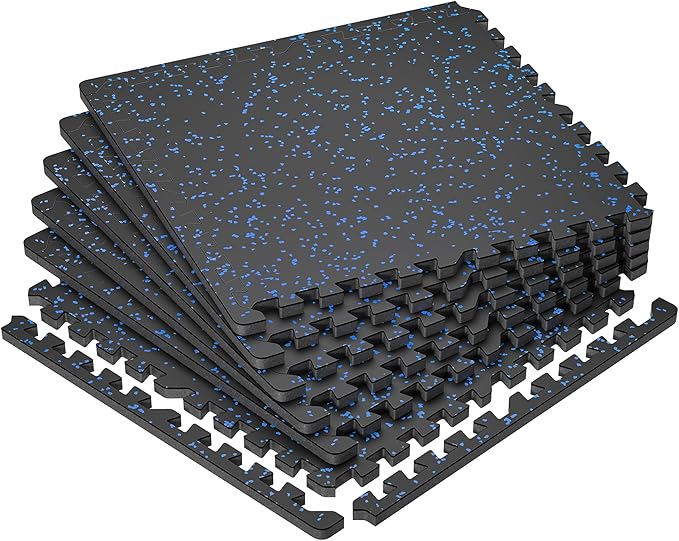 SUPERJARE 0.79'' Extra-Thick Exercise Equipment Mats, 6 Pcs 24 Sq Ft Rubber Top Floor Tiles with High Density EVA Foam, Interlocking Gym Flooring for Home Gym, Protective Workout Mat, Black/Blue