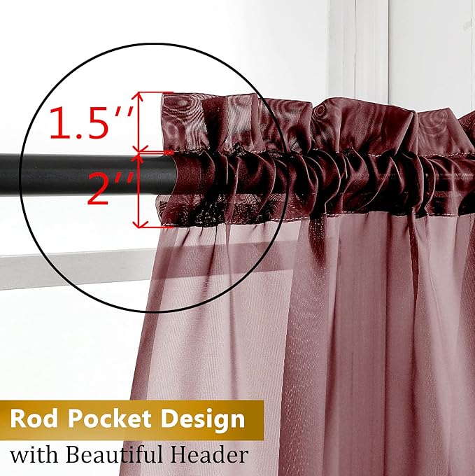 Aiyufneg Small Sheer Tier Curtains Half Kitchen Curtain Sheers, Light Filtering Farmhouse 24 Inch Window Panels Rod Pocket Burgundy Red Voile Short Curtain for Bathroom, 40W x 24L, Set of 2 Panels