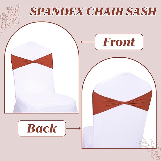 MDS Pack of 50 Spandex Chair Sashes Bows Elastic Stretch Dining Chair Bands Ties Without Slider Buckle Universal fits for Wedding Baby Shower Birthday Party Banquet Event Decoration - Terracotta