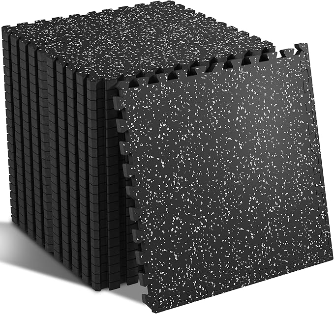 SUPERJARE 0.79'' Extra-Thick Exercise Equipment Mats, 24 Pcs 96 Sq Ft Rubber Top Floor Tiles with High Density EVA Foam, Interlocking Gym Flooring for Home Gym, Workout Mat, Black/Grey