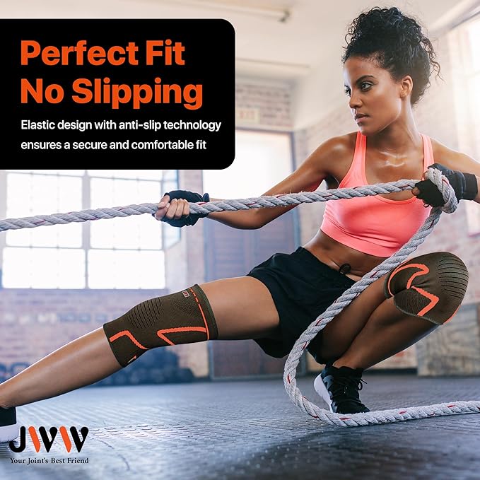 JWW Plus Size Knee Compression Sleeve for Big Thighs, 2 Pack Knee Brace for Men & Women Knee Pain Relief, Workout Sports Knee Support, Knee Braces for Meniscus, ACL & Arthritis Recovery (Orange, 2XL)