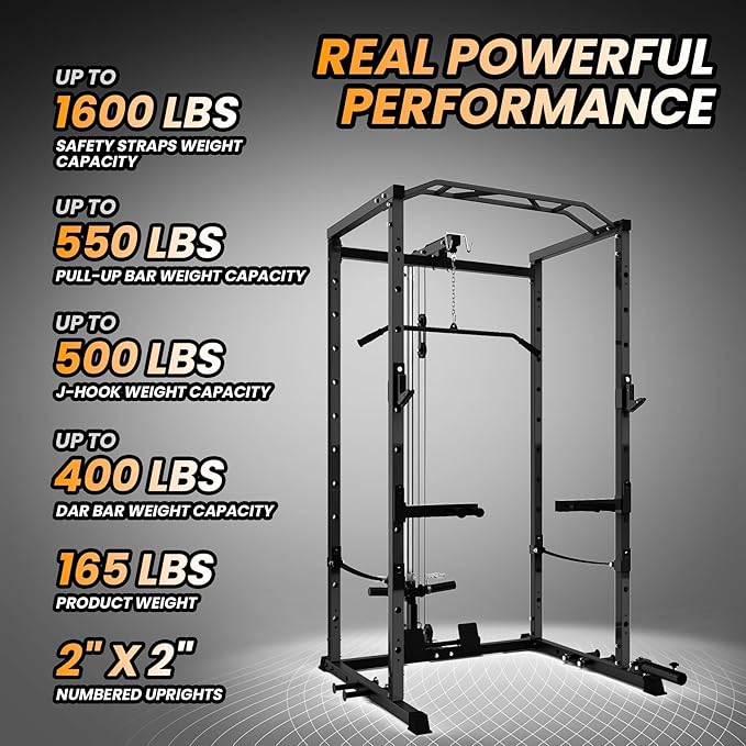 GarveeLife Power Cage, Multi-Function Squat Rack with LAT Pulldown, 1600 LBS Weight Capacity Fitness Power Rack with Cable Pulley System and j-Hooks, Dip Bars and Landmine Attachment for Home Gym