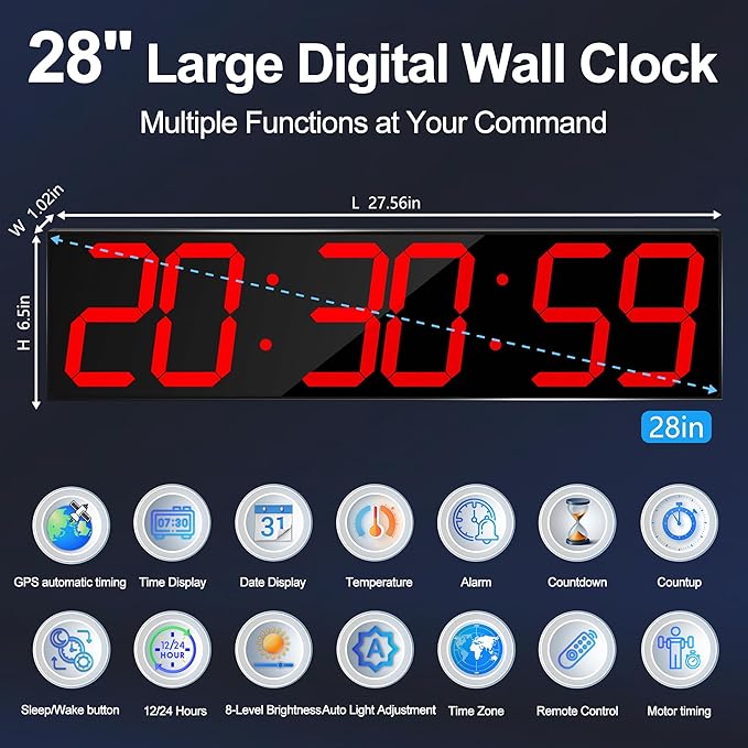 CHKOSDA Large Digital Wall Clock 28" with GPS Auto-Sync, Remote Control & Timer, Wall-Mounted for Classroom, Office, Gym, Conference Room