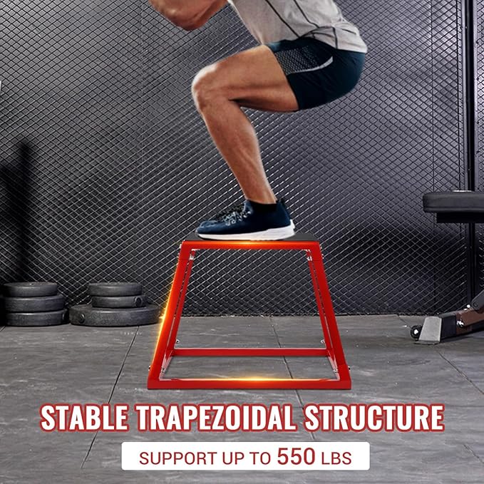 Plyometric Jump Box Set 12/18/24 Inch, Steel Jump Plyo Box with Anti-Slip Platform for Home Gym, Strength Training & Conditioning Workouts for Men and Women, Red