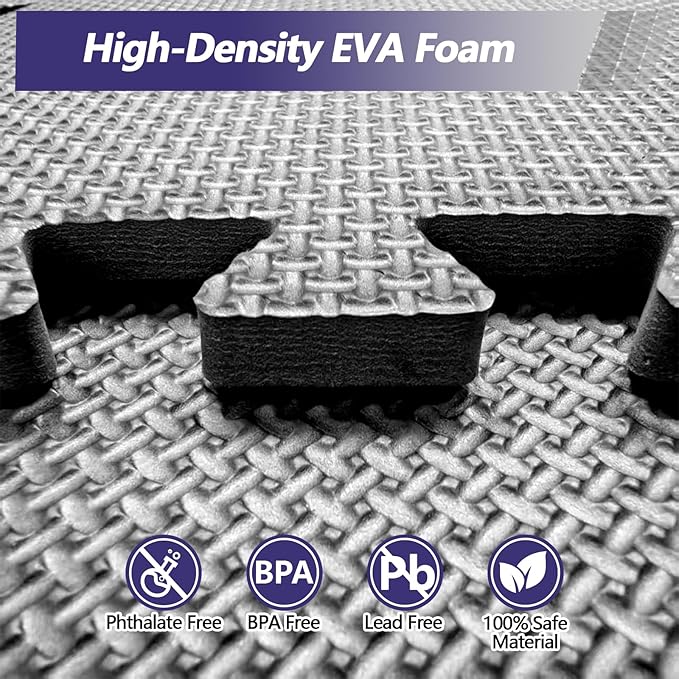 1/2 inch Thickened Interlocking Foam Floor Mats (48 Sq Ft), 12 Tiles 24X24in High Density EVA Foam Gym Flooring for Home Gym, Weightlifting, Kids Play Area, Non-slip, Free Splicing.