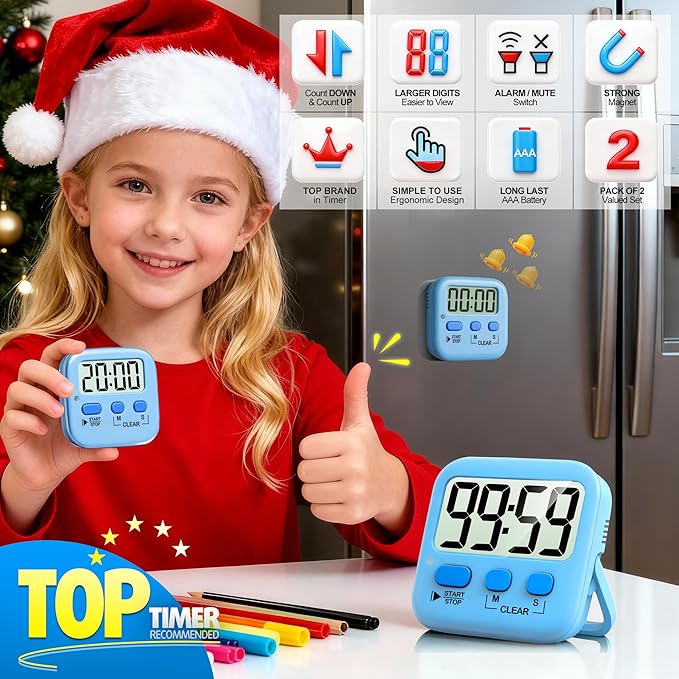 Antonki 2 Pack Digital Timer for Kids, Magnetic Countdown Kitchen Timers for Cooking, Egg, Classroom, Teacher, Exercise, Study, Oven - Battery Included