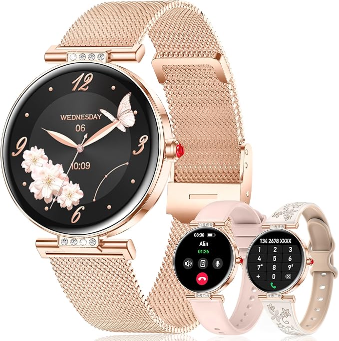 Smart Watch for Women, 1.19" AMOLED Touchscreen Fitness Watch（Calls/Notifications）3 Straps, 24H Heart Rate/Sleep Monitor/Female Cycle, 120+ Sports Modes, IP68 Waterproof Smartwatch for Android iPhone