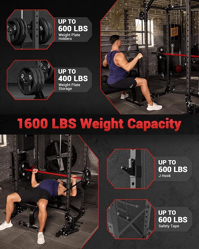 GarveeLife Power Cage, Multi-Functional Power Racks for Home Gym with Cable Crossover System, 1600 LBS Weight Capacity Fitness Squat Rack for Strength Workout with More Training Attachment, Red
