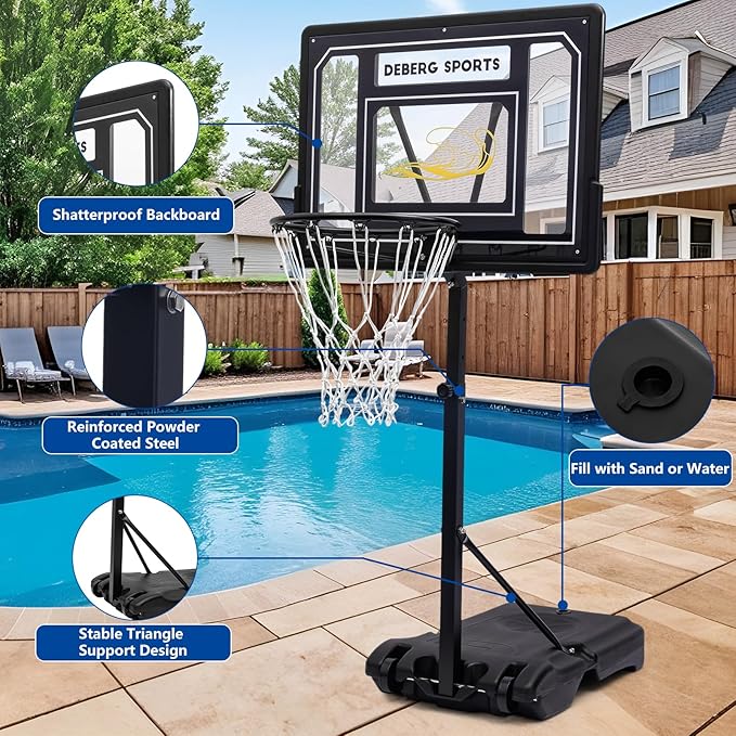 Deberg Pool Basketball Hoop with 10x8 FT Ball Backstop Height Adjustable Poolside Basketball Goal Set with Fillable Base, Includes Ball & Pump | Rust-Resistant | Easy Setup |