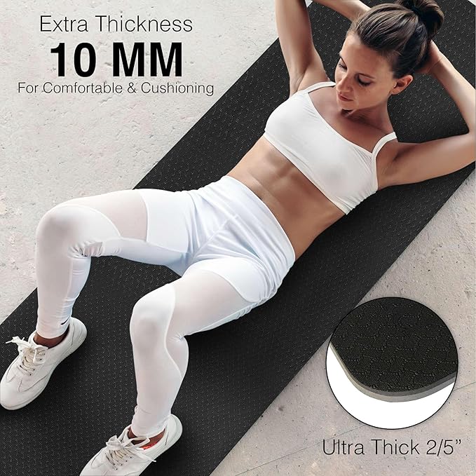 Extra Thick Exercise Yoga Mat with Strap - 2/5 Inch (10MM), Non-Slip Workout Mat for Yoga, Pilates, and Floor Exercises