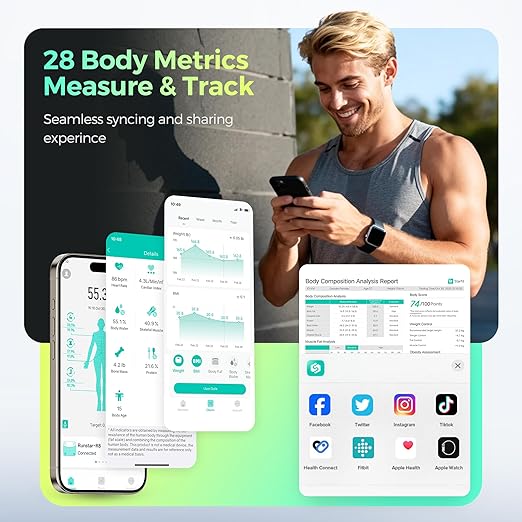 RunStar Smart Scale for Body Weight, 8 Electrodes High Precision Digital Bathroom Scale with Set Functions Handle, Body Composition Scale for 28 Metrics 400lbs, Blue-Black