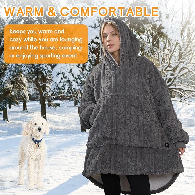 Heated Wearable Blanket Battery Powered, Come with 5000mAh Portable Rechargeable Charger, USB Fannel Sherpa Oversized Hoodie Sweatshirt, Machine Washable, Grey