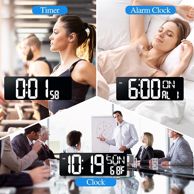 Large Digital Wall Clock with Remote Control 17.2" LED Large Display Timer with Temperature Date Week Auto DST Adjustable Brightness, Big Wall Alarm Clock for Living Room Office Garage Gym Seniors