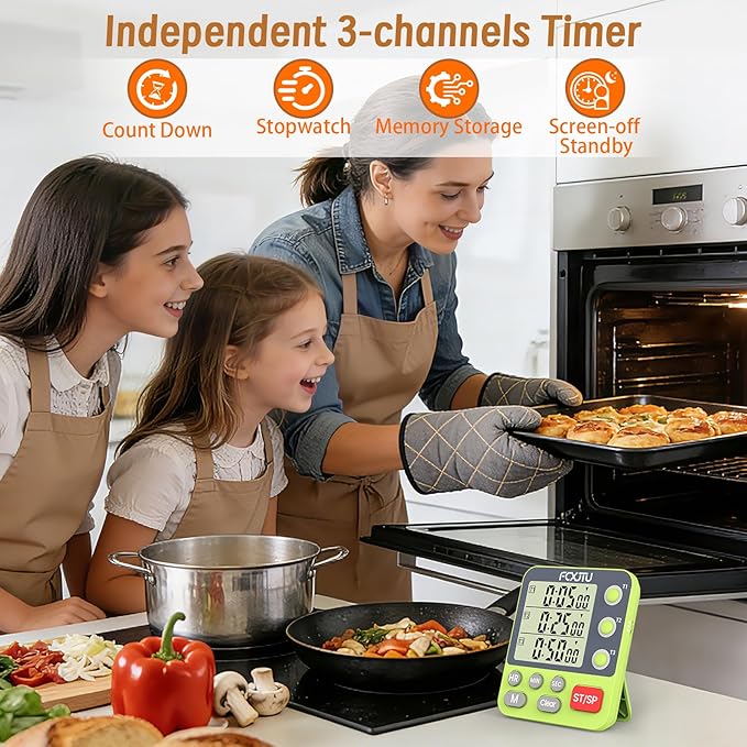 FCXJTU Digital Dual Triple Kitchen Timer, 3-Channel Magnetic Countdown Timer for Cooking, Large Display Stopwatch Multi Food Classroom Timer Loud Alarm for Seniors Teachers Battery Included (Green)