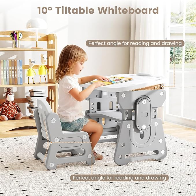 INFANS Kids Adjustable Table & Chair Set with Drawing Board for 3+, Toddler Activity Desk for Drawing with Storage Shelf, Non-Slip Pads, Watercolor Pens & Eraser, Indoor Art/Study Furniture (Grey)