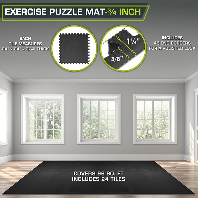 ProsourceFit Weaved Pattern Extra Thick Exercise Puzzle Mat ¾-inch, EVA Foam Interlocking Tiles for Protective, Cushioned Flooring for Home and Gym Equipment; Black, 96 SQ FT, 24 Tiles
