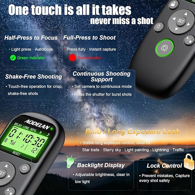 for Canon Cameras Wireless Rechargeable Timer Shutter Release Remote Control with LCD & Upgraded Interval Timer for EOS R6 Mark II, R7, R50 V, R100, RP, Rebel T7, T6, T5, T3, SL2, 5D Mark III