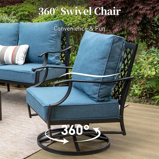 5 Piece Metal Outdoor Patio Furniture Set, Patio Conversation Sets 1 3-seater Sofa, 2 Swivel Chairs, 2 Ottomans with 5.75" Thick Cushion, Black All-weather Backyard Furniture Set, Navy