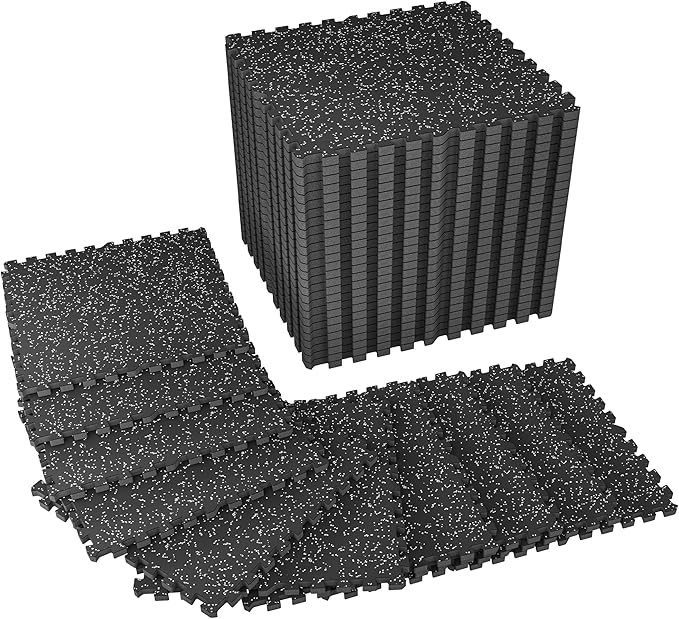 SUPERJARE 1" Extra-Thick Rubber Top Exercise Mat, Puzzle Gym Flooring for Home Gym, Gym Mat for Workout Equipment, Interlocking Floor Tiles with EVA Foam, 36 Pcs 144 Sq Ft, Black/Grey
