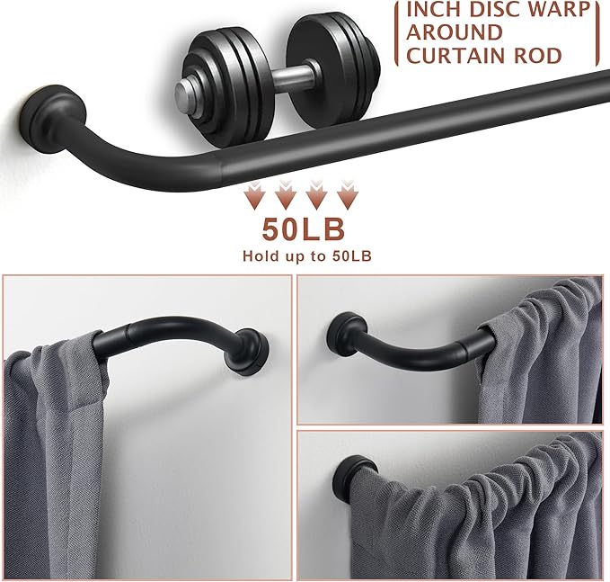 Black Aluminum 48-88" Wrap Around Curtain Rod with 1 Inch Diameter, 50 lbs Weight Capacity, Blackout, Adjustable, Wall Mounted