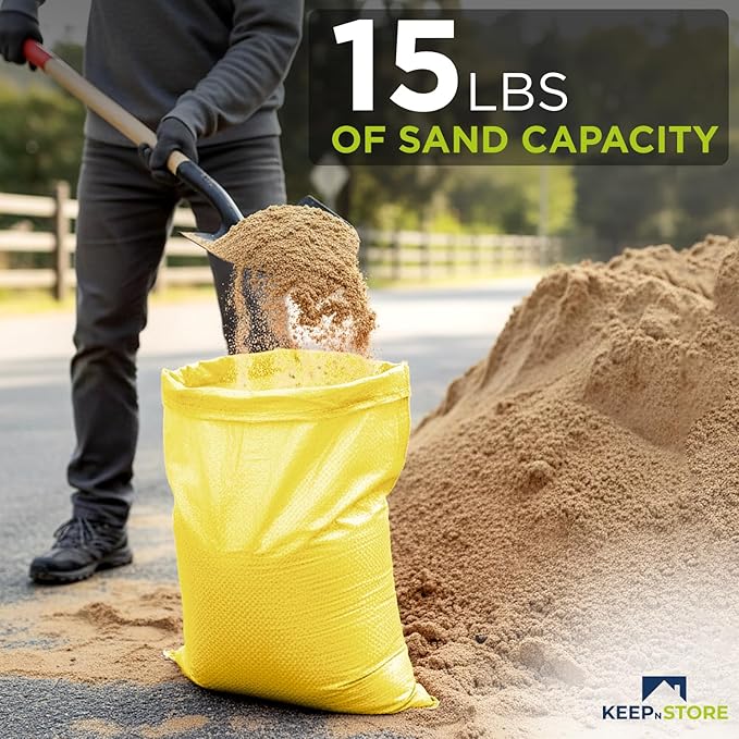 Heavy Duty Sand Bags Pack of 5, Bright Yellow Empty Sandbags with Built-In Ties, Woven Polypropylene UV Protection 1600 Hours, Fillable Bags for Flood Control, Weight, 10x14 inches, 15 Pounds Volume