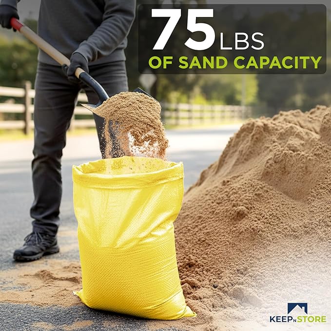 Heavy Duty Sand Bags Pack of 5, Bright Yellow Empty Sandbags with Built-In Ties, Woven Polypropylene UV Protection 1600 Hours, Fillable Bags for Flood Control, Weight, 18x30 inches, 75 Pounds Volume
