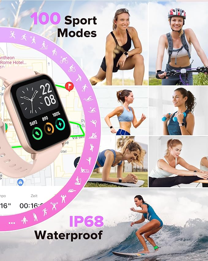 Quican Smart Watches for Women, 1.8 Inches Fitness Tracker with Alexa Built-in & Bluetooth Calling, Compatible with Android iPhone, Waterproof, Heart Rate Sleep Monitor, Includes 2 Bands - Light Pink