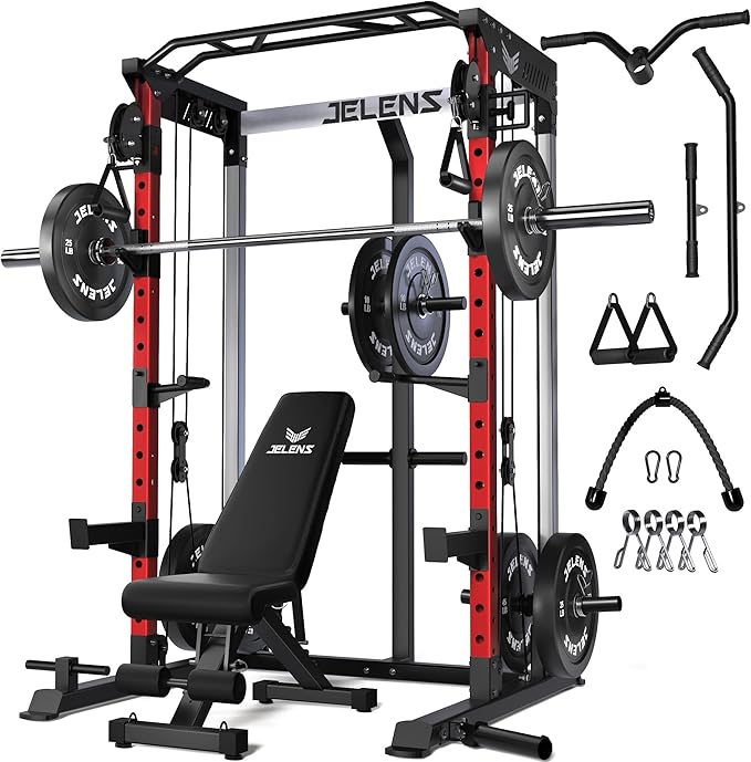 JELENS C21 Power Cage, 2000LBS Multi-Function Power Rack with Independent Dual Pulley System, All-in-One Squat Rack for Cable Crossover, Home Gym Workout Machine