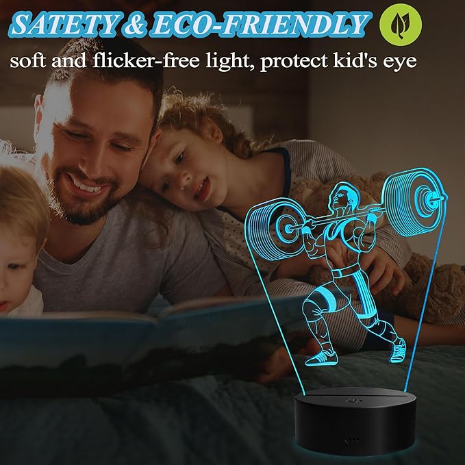 Weightlifting Night Light, Weightlifting Gifts for Boy, Gym 3D Night Light with Remote Control, 16 Colors Changing, RGB Flashing Mode and Dimmable, Gifts for Boys Christmas Decor