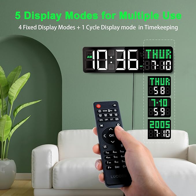 LUCORB Gym Clock with Seconds, 12" Digital Wall Timer Clock for Home Gym, Remote Interval Timer with Tabata HIIT Countdown, Voice Prompt | 5 Display Modes | 4 Training Alarms