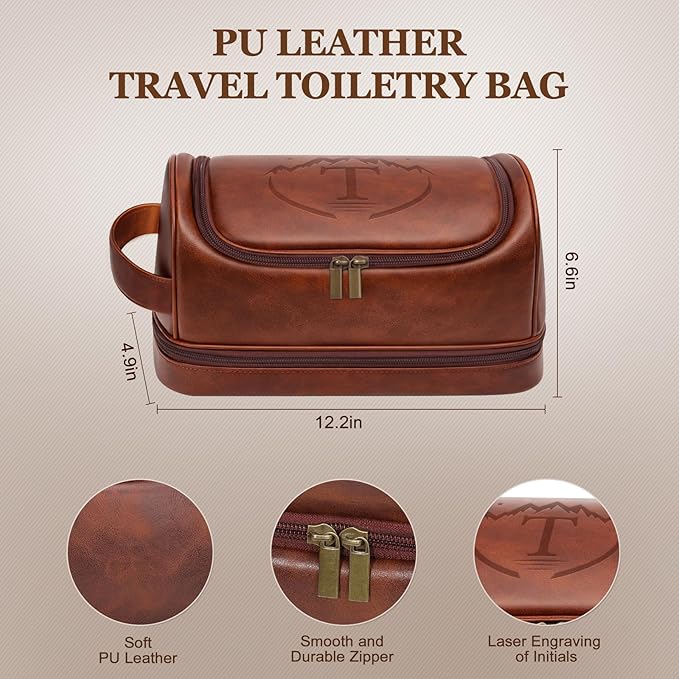 Mens Toiletry Bag for Travel,PU Leather Travel Toiletries Bag,Waterproof Toiletry Shaving Kit for Men,Personalized Gifts for Men Father's Day Birthday (T)