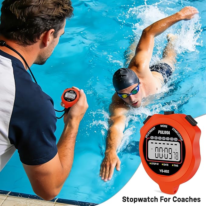 Sports Stopwatch Timer Single Lap Split Digital Stop Watch for Sports Kids Coaches Swimming Running, Red