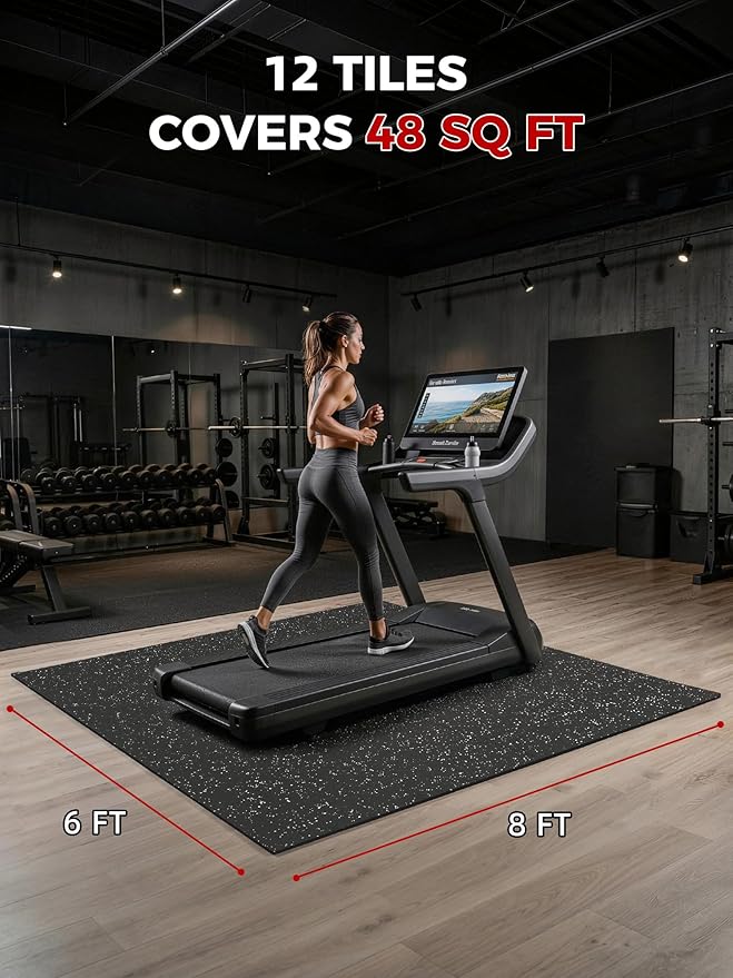 0.56in Thick 48 Sq Ft Exercise Equipment Mats, 12 Tiles Rubber Top EVA Foam Workout Mats, Interlocking Gym Flooring for Home Gym, 24 x 24in, Black & White