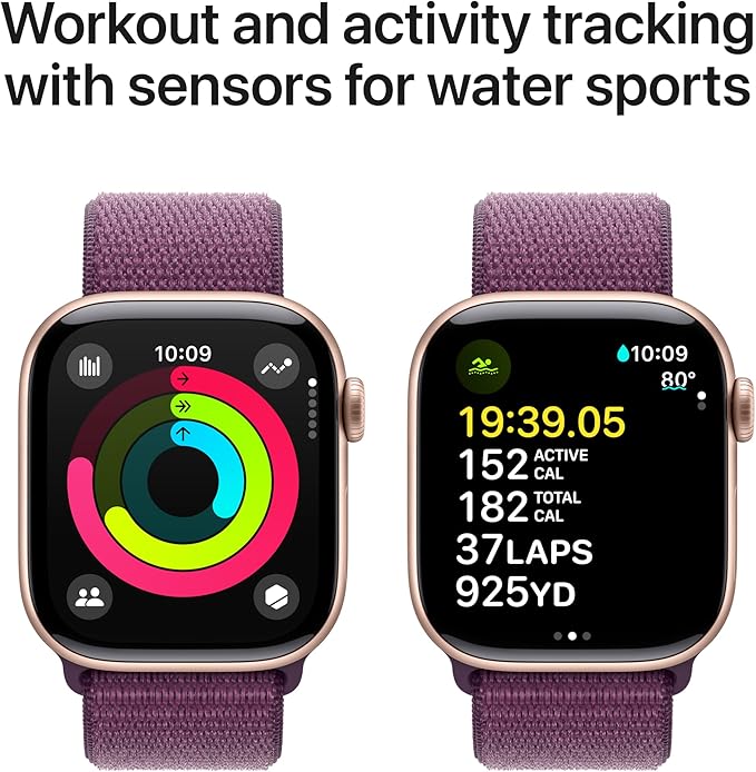 Apple Watch Series 10 [GPS 42mm] with Rose Gold Aluminium Case with Plum Sport Loop. Fitness Tracker, ECG App, Always-On Retina Display, Carbon Neutral with AppleCare+ (2-years)