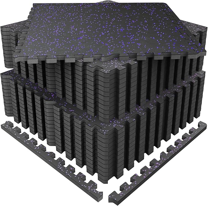 SUPERJARE 0.56'' Thick 24 Pcs 96 Sq Ft Rubber Top Exercise Equipment Mats, High Density EVA Foam Mats with Rubber Top, Interlocking Gym Flooring for Home Gym, Protective Workout Mat, Black/Purple