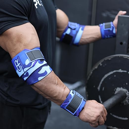 PR Personal Record Elbow Wraps for Weightlifting - Heavy Duty Construction, 25% More Elasticity, Reinforced Stitching, Extra Wide Fastener, Easy to Adjust, (Blue Camo)