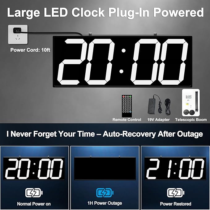 CHKOSDA 19" Double Sided Digital Wall Clock Large, Remote Controlled LED Dual Face Clock with White Digits, Auto-Dimming, Heat-Resistant Frame for Hospital, Office, School, AC Powered.