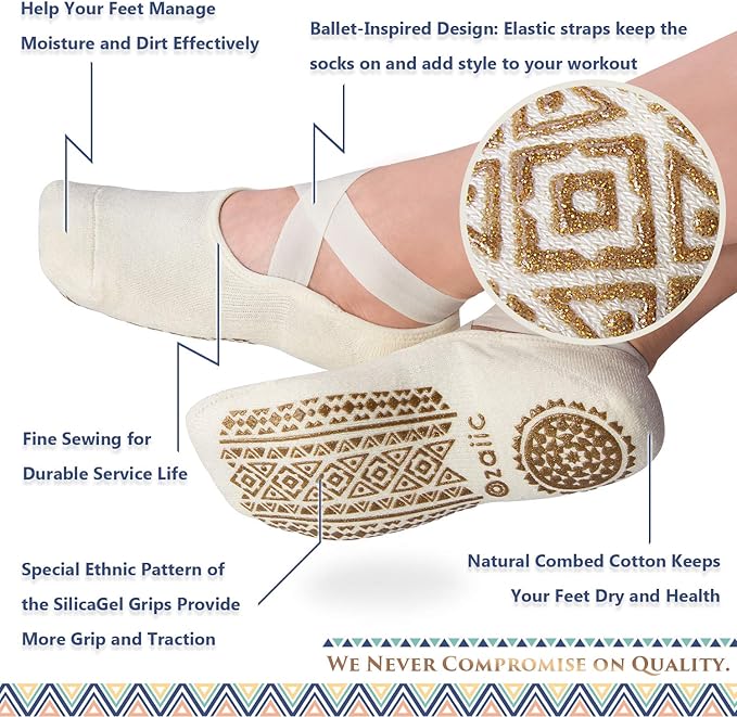 Ozaiic Pilates Socks for Women Non Slip Grip, Yoga Socks with Grippers for Barre, Hospital, Ballet, Dance, Barefoot Workout