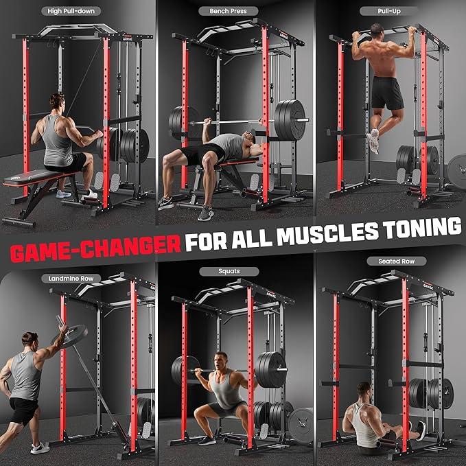 ARMAC Power Cage,1500lbs Multi-Function Power Rack with Adjustable Cable Crossover System and More Training Attachment, Weight Cage for Home Gym