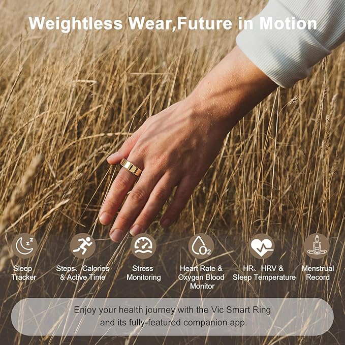 Titanium Smart Ring, Sleep & Activity Tracking Ring with Heart Rate, HRV, Stress Insights, 7-Day Battery Life, No Subscription, IP68 Waterproof, iOS & Android Compatible (Gold, 10)