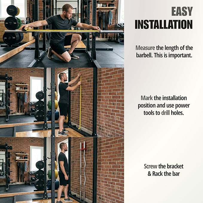 Olympic Barbell Hanger,Garage Gym Bar Wall Rack,Vertical Barbell Mount Rack,Space Saving Commercial or Home Gym Accessory,Holds Under 33mm Bar Size