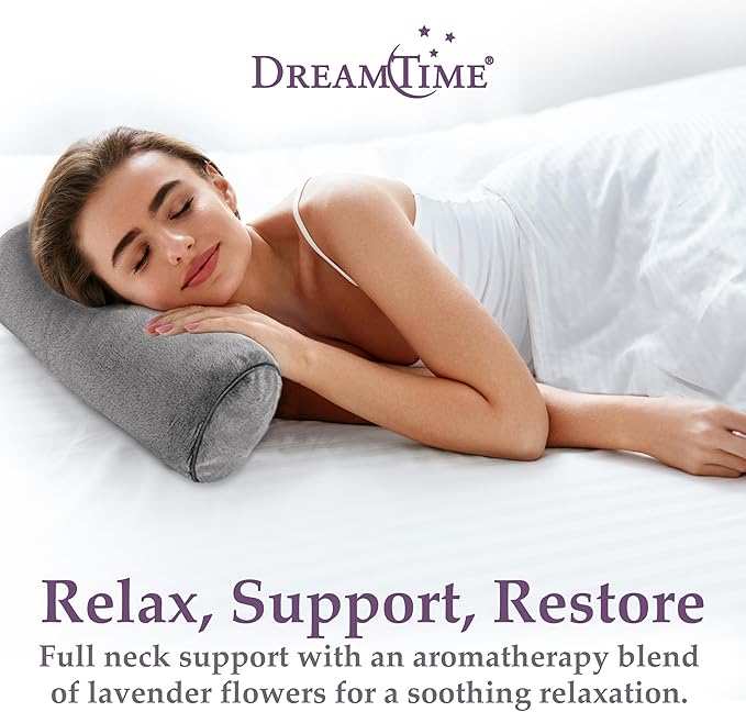 Dreamtime Neck Roll Pillow, Ergonomic Cylinder Bolster for Sleeping, Ideal Cervical Support for Both Side and Back Sleepers, Buckwheat Filling with Lavender Aromatherapy, Gray, 12.5" x 4.5" x 4.5"