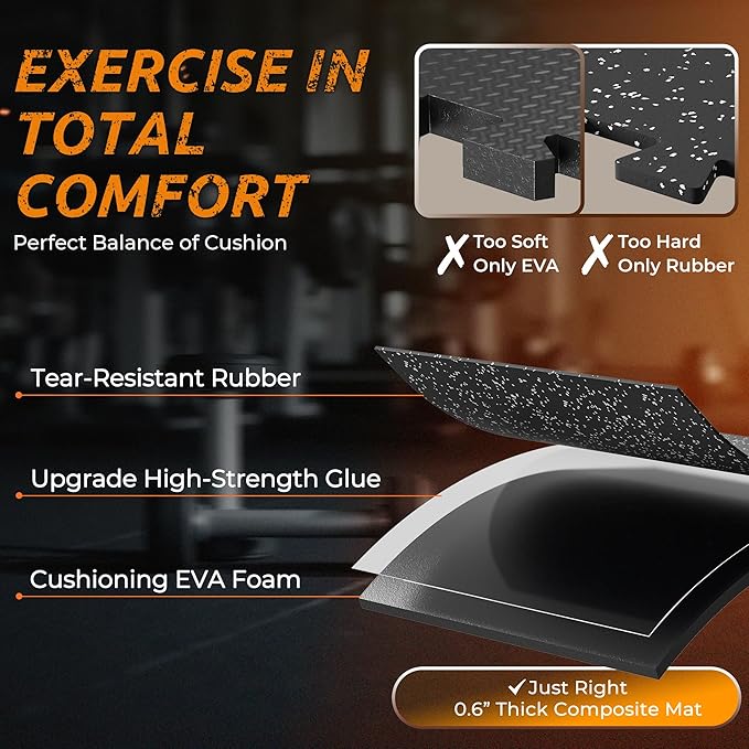 PRAISUN 0.6" Thicker Rubber Top Gym Flooring for Home Gym, 6 Pcs 24 Sq Ft Workout Mats, Exercise Mat, Interlocking Rubber Floor Mats with High Density EVA Foam for Garage, 24 x 24in, Black/Grey